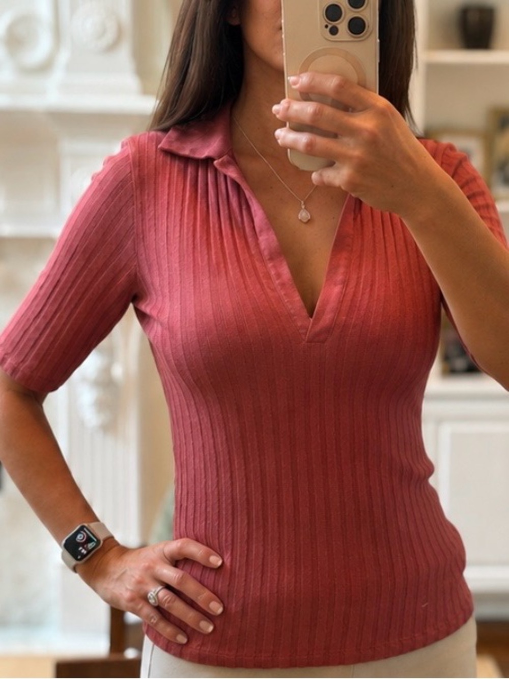 Vince Ribbed Cotton Collared Knit Top | Size Small | 100% Cotton